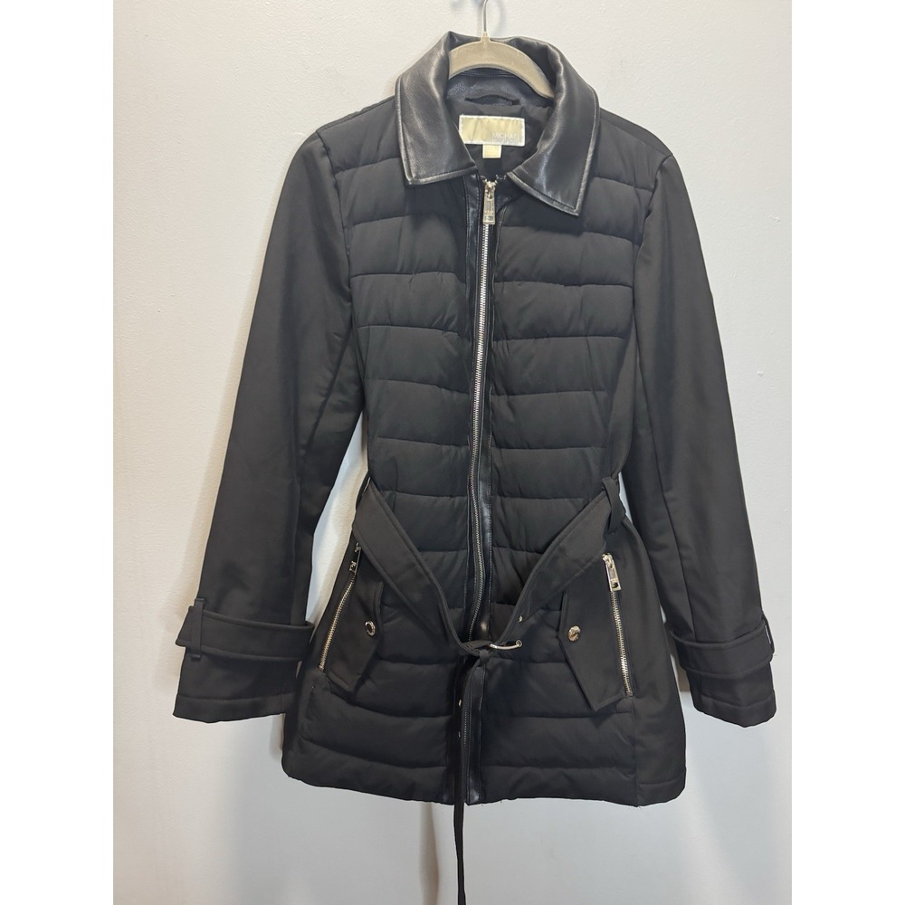 Michael Michael Kors Coat Women's XS Black Faux Leather Belted Full Zip Lined